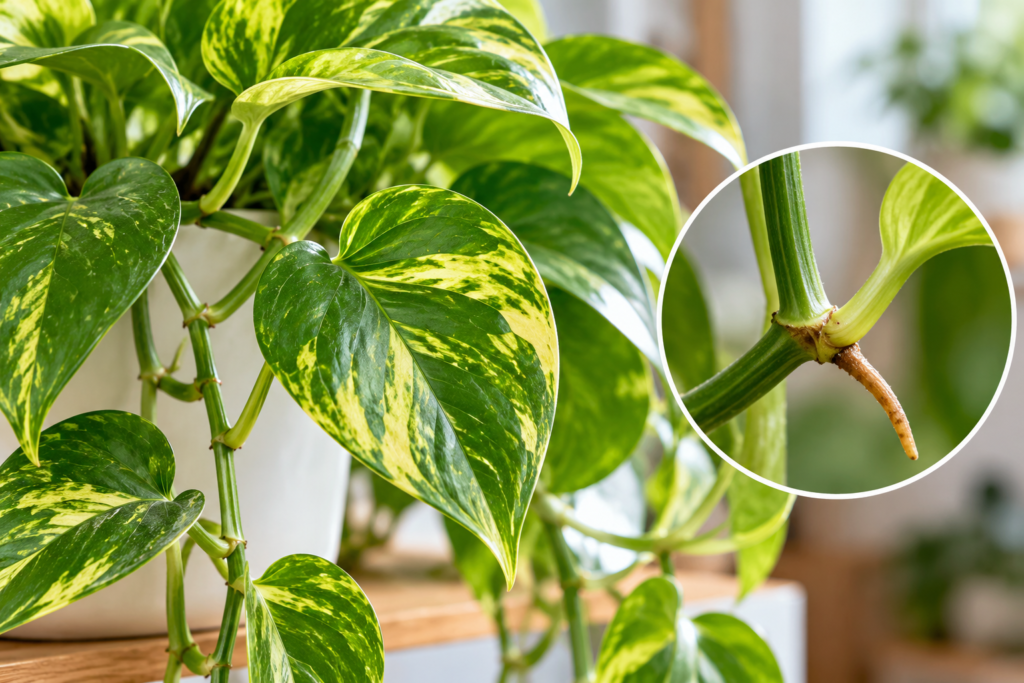Close-up of golden pothos leaves with yellow and green variegation and a magnified vine node showing an aerial root.