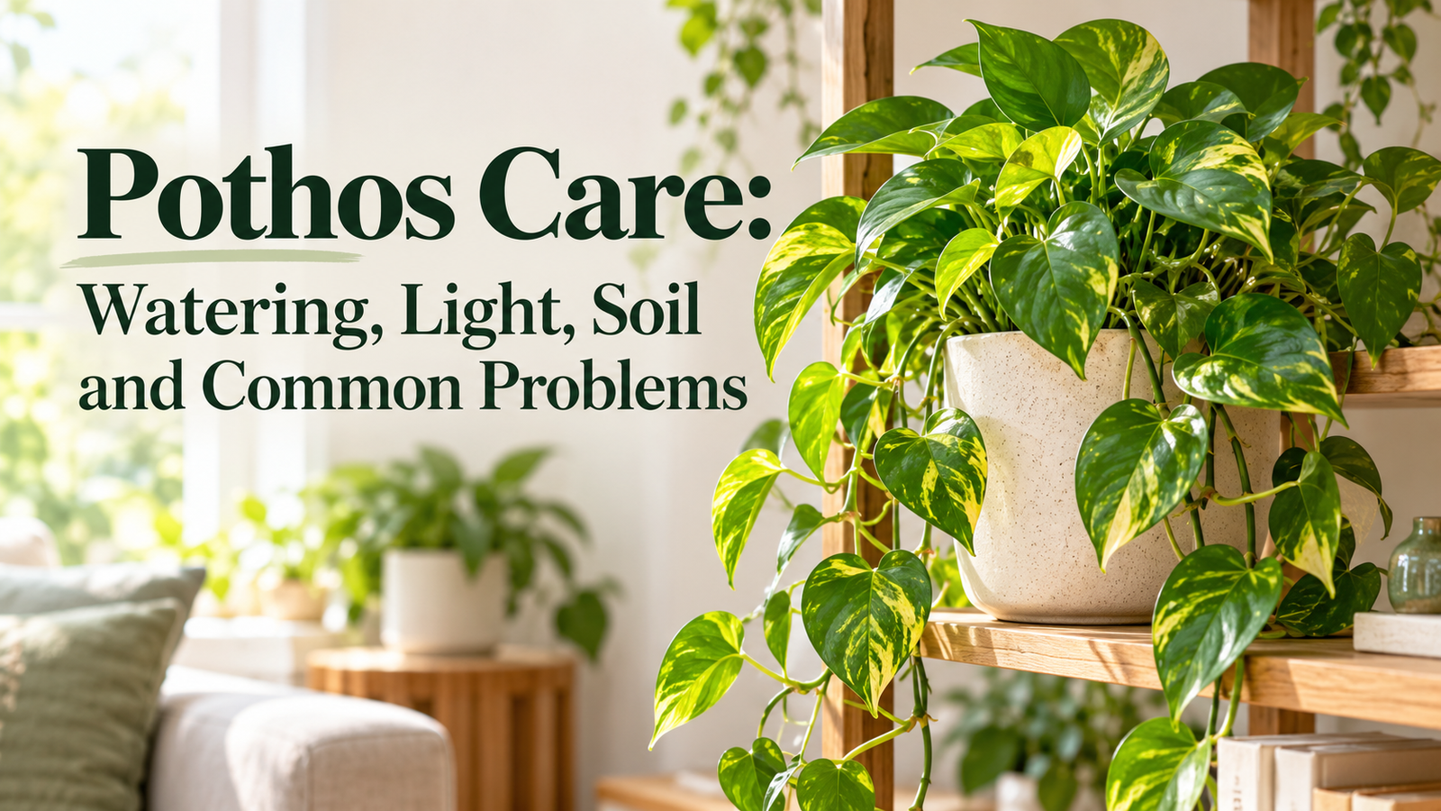 Healthy golden pothos with green and yellow heart-shaped leaves trailing from a ceramic pot in a bright indoor room, beside the article title.