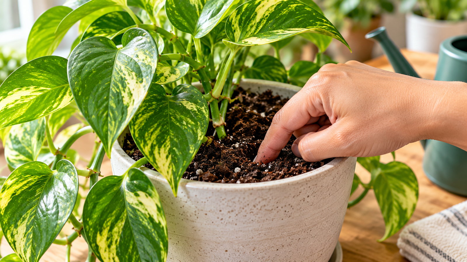 Person checking soil moisture with a finger in a potted golden pothos plant before watering.
